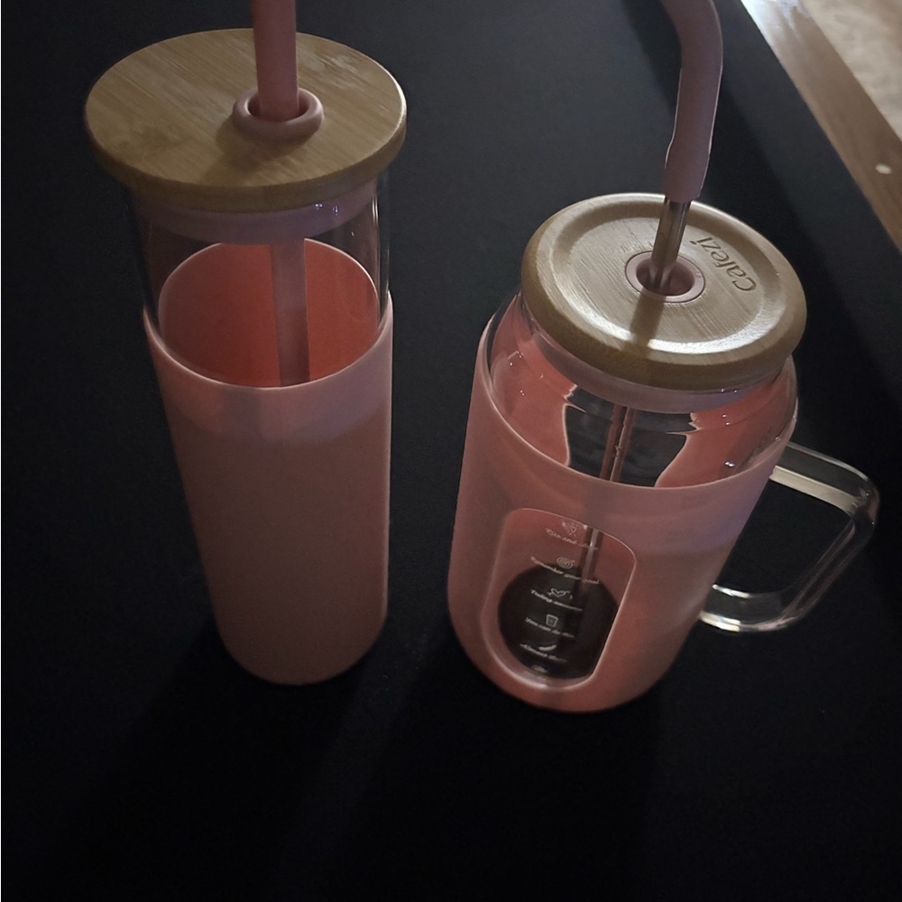 Pink and Tan Drinkware Set with Straws